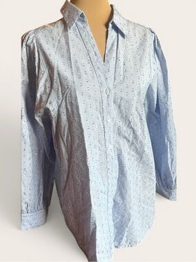 Marc New York Andrew Marc Blue Striped Metallic Dot Button Down Blouse Size M
